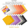 Fright Night Cardstock, papers spread out image, showing 12x12 printed smooth cardstock for scrapbook page bases, photo mats, card making, die cutting, titles, borders, and layered paper projects. Buyer theme: Orange Purple Halloween Printed Smooth Cardstock. Fright Night Printed Smooth Cardstock in sixteen coordinating cream, orange, yellow, lavender and gray linen-look colors for Halloween paper crafting