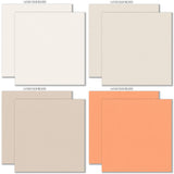 Fright Night Cardstock, cardstock paper patterns 1 through 8 preview, showing 12x12 printed smooth cardstock for scrapbook page bases, photo mats, card making, die cutting, titles, borders, and layered paper projects. Buyer theme: Orange Purple Halloween Printed Smooth Cardstock. Fright Night Printed Smooth Cardstock in sixteen coordinating cream, orange, yellow, lavender and gray linen-look colors for Halloween paper crafting