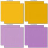 Fright Night Cardstock, cardstock paper patterns 17 through 24 preview, showing 12x12 printed smooth cardstock for scrapbook page bases, photo mats, card making, die cutting, titles, borders, and layered paper projects. Buyer theme: Orange Purple Halloween Printed Smooth Cardstock. Fright Night Printed Smooth Cardstock in sixteen coordinating cream, orange, yellow, lavender and gray linen-look colors for Halloween paper crafting