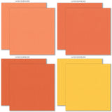 Fright Night Cardstock, cardstock paper patterns 9 through 16 preview, showing 12x12 printed smooth cardstock for scrapbook page bases, photo mats, card making, die cutting, titles, borders, and layered paper projects. Buyer theme: Orange Purple Halloween Printed Smooth Cardstock. Fright Night Printed Smooth Cardstock in sixteen coordinating cream, orange, yellow, lavender and gray linen-look colors for Halloween paper crafting