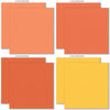 Fright Night Cardstock, cardstock paper patterns 9 through 16 preview, showing 12x12 printed smooth cardstock for scrapbook page bases, photo mats, card making, die cutting, titles, borders, and layered paper projects. Buyer theme: Orange Purple Halloween Printed Smooth Cardstock. Fright Night Printed Smooth Cardstock in sixteen coordinating cream, orange, yellow, lavender and gray linen-look colors for Halloween paper crafting