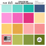Fun in the Sun Cardstock, high resolution cover image, showing 12x12 printed smooth cardstock for scrapbook page bases, photo mats, card making, die cutting, titles, borders, and layered paper projects. Buyer theme: Bright Tropical Printed Smooth Cardstock. Fun in the Sun Printed Smooth Cardstock in coordinating aqua, turquoise, navy, pink, coral, yellow and green tropical shades. Coordinating patterns include Palm tree and palm frond patterns, Ocean wave swirls, Navy and coral checkerboard