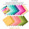 Fun in the Sun Cardstock, papers spread out image, showing 12x12 printed smooth cardstock for scrapbook page bases, photo mats, card making, die cutting, titles, borders, and layered paper projects. Buyer theme: Bright Tropical Printed Smooth Cardstock. Fun in the Sun Printed Smooth Cardstock in coordinating aqua, turquoise, navy, pink, coral, yellow and green tropical shades. Visible artwork includes Turquoise and coral dolphins, Green sea turtles, Pink flamingos, Toucans and colorful parrots