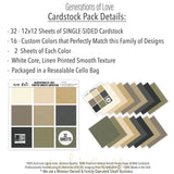 Generations of Love Cardstock, includes image, showing 12x12 printed smooth cardstock for scrapbook page bases, photo mats, card making, die cutting, titles, borders, and layered paper projects. Buyer theme: Ivory Olive & Black Printed Smooth Cardstock. Generations of Love Printed Smooth Cardstock in coordinating ivory, cream, tan, taupe, khaki, charcoal, black, olive and moss tones. Coordinating patterns include Diamond lattice, Floral argyle, Bird botanical repeats