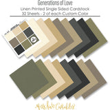 Generations of Love Monthly Subscription Box - Premium + 6x6. coordinating paper sheets displayed across the image to show the full pattern assortment and neutral color palette. coordinating scrapbook bundle with 12x12 paper, 6x6 paper, cardstock, die cuts, and stickers. featuring family title word art, neutral family word collage, olive green. for card making.