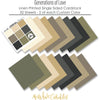 Generations of Love Monthly Subscription Box - Premium + 6x6. coordinating paper sheets displayed across the image to show the full pattern assortment and neutral color palette. coordinating scrapbook bundle with 12x12 paper, 6x6 paper, cardstock, die cuts, and stickers. featuring family title word art, neutral family word collage, olive green. for card making.