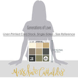 Generations of Love Cardstock, size guide image, showing 12x12 printed smooth cardstock for scrapbook page bases, photo mats, card making, die cutting, titles, borders, and layered paper projects. Buyer theme: Ivory Olive & Black Printed Smooth Cardstock. Generations of Love Printed Smooth Cardstock in coordinating ivory, cream, tan, taupe, khaki, charcoal, black, olive and moss tones. Coordinating patterns include Polka dots, Pinstripes, Diamond lattice