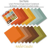Give Thanks Bundle, papers spread out image, showing complete coordinated paper craft set with 12x12 papers, 6x6 papers, cardstock, die cuts, and stickers for layouts, cards, albums, journals, and keepsakes. Buyer theme: Complete Thanksgiving Scrapbook Bundle. Give Thanks complete Thanksgiving scrapbook bundle with 12x12 paper, 6x6 paper, coordinating cardstock, die cuts and stickers