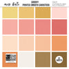 Groovy Cardstock, high resolution cover image, showing 12x12 printed smooth cardstock for scrapbook page bases, photo mats, card making, die cutting, titles, borders, and layered paper projects. Buyer theme: Warm Retro Printed Smooth Cardstock. Groovy Printed Smooth Cardstock in coordinating cream, yellow, peach, coral, pink, orange, tan and brown shades. Coordinating patterns include Coral and pink checkerboards, Warm 70s floral patterns, Polka dots and gingham
