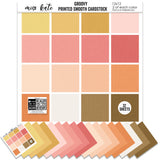 Groovy Cardstock, main product image, showing 12x12 printed smooth cardstock for scrapbook page bases, photo mats, card making, die cutting, titles, borders, and layered paper projects. Buyer theme: Warm Retro Printed Smooth Cardstock. Groovy Printed Smooth Cardstock in coordinating cream, yellow, peach, coral, pink, orange, tan and brown shades. Coordinating patterns include Retro daisy prints, Coral and pink checkerboards, Warm 70s floral patterns