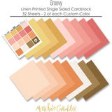 Groovy Cardstock, papers spread out image, showing 12x12 printed smooth cardstock for scrapbook page bases, photo mats, card making, die cutting, titles, borders, and layered paper projects. Buyer theme: Warm Retro Printed Smooth Cardstock. Groovy Printed Smooth Cardstock in coordinating cream, yellow, peach, coral, pink, orange, tan and brown shades. Coordinating patterns include Polka dots and gingham, Wavy sunset stripes, Smiley flower repeats