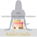 Groovy Cardstock, size guide image, showing 12x12 printed smooth cardstock for scrapbook page bases, photo mats, card making, die cutting, titles, borders, and layered paper projects. Buyer theme: Warm Retro Printed Smooth Cardstock. Groovy Printed Smooth Cardstock in coordinating cream, yellow, peach, coral, pink, orange, tan and brown shades. Coordinating patterns include Warm 70s floral patterns, Polka dots and gingham, Wavy sunset stripes