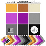 Happy Halloween Cardstock, main product image, showing 12x12 printed smooth cardstock for scrapbook page bases, photo mats, card making, die cutting, titles, borders, and layered paper projects. Buyer theme: Vintage Halloween Printed Smooth Cardstock. Happy Halloween Printed Smooth Cardstock in coordinating gold, caramel, cream, purple, gray and black linen-look colors for Halloween paper crafting