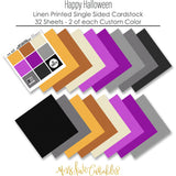 Happy Halloween Bundle, papers spread out image, showing complete coordinated paper craft set with 12x12 papers, 6x6 papers, cardstock, die cuts, and stickers for layouts, cards, albums, journals, and keepsakes. Buyer theme: Complete Vintage Halloween Scrapbook Bundle. Happy Halloween complete scrapbook bundle with 12x12 paper, 6x6 paper, coordinating cardstock, stickers and die cuts