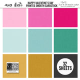 Happy Valentines Day Cardstock, high resolution cover image, showing 12x12 printed smooth cardstock for scrapbook page bases, photo mats, card making, die cutting, titles, borders, and layered paper projects. Buyer theme: Pink Teal Gold Printed Smooth Cardstock. Happy Valentines Day Printed Smooth Cardstock in nine coordinating pink, aqua, teal, gold and charcoal linen-look colors. Color palette includes Hot pink, blush pink, aqua, emerald teal, mustard gold, charcoal black and white