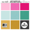 Happy Valentines Day Cardstock, high resolution cover image, showing 12x12 printed smooth cardstock for scrapbook page bases, photo mats, card making, die cutting, titles, borders, and layered paper projects. Buyer theme: Pink Teal Gold Printed Smooth Cardstock. Happy Valentines Day Printed Smooth Cardstock in nine coordinating pink, aqua, teal, gold and charcoal linen-look colors. Color palette includes Hot pink, blush pink, aqua, emerald teal, mustard gold, charcoal black and white