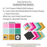 Happy Valentines Day Cardstock, includes image, showing 12x12 printed smooth cardstock for scrapbook page bases, photo mats, card making, die cutting, titles, borders, and layered paper projects. Buyer theme: Pink Teal Gold Printed Smooth Cardstock. Happy Valentines Day Printed Smooth Cardstock in nine coordinating pink, aqua, teal, gold and charcoal linen-look colors. Color palette includes Hot pink, blush pink, aqua, emerald teal, mustard gold, charcoal black and white