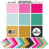 Happy Valentines Day Cardstock, main product image, showing 12x12 printed smooth cardstock for scrapbook page bases, photo mats, card making, die cutting, titles, borders, and layered paper projects. Buyer theme: Pink Teal Gold Printed Smooth Cardstock. Happy Valentines Day Printed Smooth Cardstock in nine coordinating pink, aqua, teal, gold and charcoal linen-look colors. Color palette includes Hot pink, blush pink, aqua, emerald teal, mustard gold, charcoal black and white