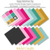 Happy Valentines Day Cardstock, papers spread out image, showing 12x12 printed smooth cardstock for scrapbook page bases, photo mats, card making, die cutting, titles, borders, and layered paper projects. Buyer theme: Pink Teal Gold Printed Smooth Cardstock. Happy Valentines Day Printed Smooth Cardstock in nine coordinating pink, aqua, teal, gold and charcoal linen-look colors. Color palette includes Hot pink, blush pink, aqua, emerald teal, mustard gold, charcoal black and white