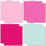Happy Valentines Day Cardstock, cardstock paper patterns 1 through 8 preview, showing 12x12 printed smooth cardstock for scrapbook page bases, photo mats, card making, die cutting, titles, borders, and layered paper projects. Buyer theme: Pink Teal Gold Printed Smooth Cardstock. Happy Valentines Day Printed Smooth Cardstock in nine coordinating pink, aqua, teal, gold and charcoal linen-look colors