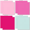Happy Valentines Day Cardstock, cardstock paper patterns 1 through 8 preview, showing 12x12 printed smooth cardstock for scrapbook page bases, photo mats, card making, die cutting, titles, borders, and layered paper projects. Buyer theme: Pink Teal Gold Printed Smooth Cardstock. Happy Valentines Day Printed Smooth Cardstock in nine coordinating pink, aqua, teal, gold and charcoal linen-look colors