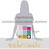 Happy Valentines Day Cardstock, size guide image, showing 12x12 printed smooth cardstock for scrapbook page bases, photo mats, card making, die cutting, titles, borders, and layered paper projects. Buyer theme: Pink Teal Gold Printed Smooth Cardstock. Happy Valentines Day Printed Smooth Cardstock in nine coordinating pink, aqua, teal, gold and charcoal linen-look colors. Color palette includes Hot pink, blush pink, aqua, emerald teal, mustard gold, charcoal black and white