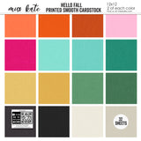 Hello Fall Cardstock, high resolution cover image, showing 12x12 printed smooth cardstock for scrapbook page bases, photo mats, card making, die cutting, titles, borders, and layered paper projects. Buyer theme: Bright Autumn Printed Smooth Cardstock. Hello Fall Printed Smooth Cardstock in coordinating orange, pink, aqua, teal, mustard, green, charcoal, black, cream and greige tones. Coordinating patterns include Black and orange houndstooth, Colorful autumn florals, Pumpkin and gourd repeats