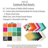 Hello Fall Cardstock, includes image, showing 12x12 printed smooth cardstock for scrapbook page bases, photo mats, card making, die cutting, titles, borders, and layered paper projects. Buyer theme: Bright Autumn Printed Smooth Cardstock. Hello Fall Printed Smooth Cardstock in coordinating orange, pink, aqua, teal, mustard, green, charcoal, black, cream and greige tones. Coordinating patterns include Falling leaf patterns, Bright polka dots, Diagonal autumn stripes