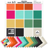Hello Fall Cardstock, main product image, showing 12x12 printed smooth cardstock for scrapbook page bases, photo mats, card making, die cutting, titles, borders, and layered paper projects. Buyer theme: Bright Autumn Printed Smooth Cardstock. Hello Fall Printed Smooth Cardstock in coordinating orange, pink, aqua, teal, mustard, green, charcoal, black, cream and greige tones. Coordinating patterns include Orange and teal checkerboards, Black and orange houndstooth, Colorful autumn florals