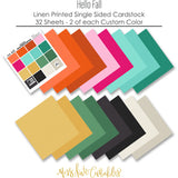 Hello Fall Cardstock, papers spread out image, showing 12x12 printed smooth cardstock for scrapbook page bases, photo mats, card making, die cutting, titles, borders, and layered paper projects. Buyer theme: Bright Autumn Printed Smooth Cardstock. Hello Fall Printed Smooth Cardstock in coordinating orange, pink, aqua, teal, mustard, green, charcoal, black, cream and greige tones. Coordinating patterns include Pumpkin and gourd repeats, Falling leaf patterns, Bright polka dots