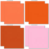 Hello Fall Cardstock, cardstock paper patterns 1 through 8 preview, showing 12x12 printed smooth cardstock for scrapbook page bases, photo mats, card making, die cutting, titles, borders, and layered paper projects. Buyer theme: Bright Autumn Printed Smooth Cardstock. Hello Fall Printed Smooth Cardstock in coordinating orange, pink, aqua, teal, mustard, green, charcoal, black, cream and greige tones. Coordinating patterns include Bright polka dots, Diagonal autumn stripes, Dark botanical prints