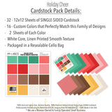 Holiday Cheer Cardstock, includes image, showing 12x12 printed smooth cardstock for scrapbook page bases, photo mats, card making, die cutting, titles, borders, and layered paper projects. Buyer theme: Festive Christmas Printed Smooth Cardstock. Holiday Cheer Printed Smooth Cardstock in coordinating mint, green, red, pink, cocoa, gold, ivory and cream shades. Coordinating patterns include Christmas ornament patterns, Holiday light strings, Blush polka dots