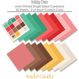 Holiday Cheer Cardstock, papers spread out image, showing 12x12 printed smooth cardstock for scrapbook page bases, photo mats, card making, die cutting, titles, borders, and layered paper projects. Buyer theme: Festive Christmas Printed Smooth Cardstock. Holiday Cheer Printed Smooth Cardstock in coordinating mint, green, red, pink, cocoa, gold, ivory and cream shades. Coordinating patterns include Santa and gingerbread toss, Christmas ornament patterns, Holiday light strings