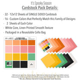 It's Spooky Season Bundle, includes image, showing complete coordinated paper craft set with 12x12 papers, 6x6 papers, cardstock, die cuts, and stickers for layouts, cards, albums, journals, and keepsakes. Buyer theme: Complete Halloween Scrapbook Craft Bundle. It's Spooky Season complete scrapbook bundle with 12x12 Double-Sided Paper, 6x6 Double-Sided Paper, Linen Printed Smooth Cardstock, Die Cuts and one Sticker Sheet