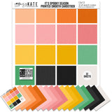 It's Spooky Season Cardstock, main product image, showing 12x12 printed smooth cardstock for scrapbook page bases, photo mats, card making, die cutting, titles, borders, and layered paper projects. Buyer theme: Pink Orange Halloween Printed Smooth Cardstock. It's Spooky Season Printed Smooth Cardstock in sixteen coordinating pink, orange, yellow, mint, gray, black and white linen-look colors