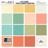 Life is Good Cardstock, high resolution cover image, showing 12x12 printed smooth cardstock for scrapbook page bases, photo mats, card making, die cutting, titles, borders, and layered paper projects. Buyer theme: Soft Pastel Printed Smooth Cardstock. Life is Good Printed Smooth Cardstock in coordinating cream, yellow, peach, coral, aqua, mint, sage and teal shades. Coordinating patterns include Aqua and coral plaid patterns, Polka dots and confetti dots, Rainbow repeat pattern