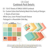 Life is Good Cardstock, includes image, showing 12x12 printed smooth cardstock for scrapbook page bases, photo mats, card making, die cutting, titles, borders, and layered paper projects. Buyer theme: Soft Pastel Printed Smooth Cardstock. Life is Good Printed Smooth Cardstock in coordinating cream, yellow, peach, coral, aqua, mint, sage and teal shades. Coordinating patterns include Cherry repeat pattern, Heart and star patterns, Mushroom and sunshine motifs