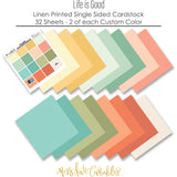 Life is Good Cardstock, papers spread out image, showing 12x12 printed smooth cardstock for scrapbook page bases, photo mats, card making, die cutting, titles, borders, and layered paper projects. Buyer theme: Soft Pastel Printed Smooth Cardstock. Life is Good Printed Smooth Cardstock in coordinating cream, yellow, peach, coral, aqua, mint, sage and teal shades. Coordinating patterns include Rainbow repeat pattern, Cherry repeat pattern, Heart and star patterns