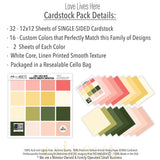 Love Lives Here Cardstock, includes image, showing 12x12 printed smooth cardstock for scrapbook page bases, photo mats, card making, die cutting, titles, borders, and layered paper projects. Buyer theme: Warm Floral Printed Smooth Cardstock. Love Lives Here Printed Smooth Cardstock in coordinating blush, coral, buttercream, yellow, ivory, olive, garden green and deep forest tones. Coordinating patterns include Polka dots, Pinstripes, Leaf and flower silhouettes