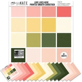 Love Lives Here Cardstock, main product image, showing 12x12 printed smooth cardstock for scrapbook page bases, photo mats, card making, die cutting, titles, borders, and layered paper projects. Buyer theme: Warm Floral Printed Smooth Cardstock. Love Lives Here Printed Smooth Cardstock in coordinating blush, coral, buttercream, yellow, ivory, olive, garden green and deep forest tones. Coordinating patterns include Rosebud repeat patterns, Buffalo check and gingham, Heritage plaid