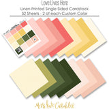 Love Lives Here Cardstock, papers spread out image, showing 12x12 printed smooth cardstock for scrapbook page bases, photo mats, card making, die cutting, titles, borders, and layered paper projects. Buyer theme: Warm Floral Printed Smooth Cardstock. Love Lives Here Printed Smooth Cardstock in coordinating blush, coral, buttercream, yellow, ivory, olive, garden green and deep forest tones. Coordinating patterns include Botanical floral prints, Polka dots, Pinstripes