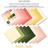Love Lives Here Cardstock, papers spread out image, showing 12x12 printed smooth cardstock for scrapbook page bases, photo mats, card making, die cutting, titles, borders, and layered paper projects. Buyer theme: Warm Floral Printed Smooth Cardstock. Love Lives Here Printed Smooth Cardstock in coordinating blush, coral, buttercream, yellow, ivory, olive, garden green and deep forest tones. Coordinating patterns include Botanical floral prints, Polka dots, Pinstripes
