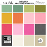 May Flowers Cardstock, high resolution cover image, showing 12x12 printed smooth cardstock for scrapbook page bases, photo mats, card making, die cutting, titles, borders, and layered paper projects. Buyer theme: Spring Floral Pink & Green Printed Cardstock. May Flowers Printed Smooth Cardstock in sixteen coordinating pink, green, yellow, orange, cream and charcoal linen-look colors. Color palette includes Rose pink, coral, blush, sage green, mint, yellow, orange, cream and charcoal