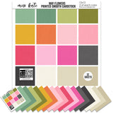May Flowers Cardstock, main product image, showing 12x12 printed smooth cardstock for scrapbook page bases, photo mats, card making, die cutting, titles, borders, and layered paper projects. Buyer theme: Spring Floral Pink & Green Printed Cardstock. May Flowers Printed Smooth Cardstock in sixteen coordinating pink, green, yellow, orange, cream and charcoal linen-look colors. Color palette includes Rose pink, coral, blush, sage green, mint, yellow, orange, cream and charcoal