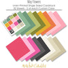 May Flowers Cardstock, papers spread out image, showing 12x12 printed smooth cardstock for scrapbook page bases, photo mats, card making, die cutting, titles, borders, and layered paper projects. Buyer theme: Spring Floral Pink & Green Printed Cardstock. May Flowers Printed Smooth Cardstock in sixteen coordinating pink, green, yellow, orange, cream and charcoal linen-look colors. Color palette includes Rose pink, coral, blush, sage green, mint, yellow, orange, cream and charcoal