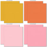 May Flowers Cardstock, cardstock paper patterns 9 through 16 preview, showing 12x12 printed smooth cardstock for scrapbook page bases, photo mats, card making, die cutting, titles, borders, and layered paper projects. Buyer theme: Spring Floral Pink & Green Printed Cardstock. May Flowers Printed Smooth Cardstock in sixteen coordinating pink, green, yellow, orange, cream and charcoal linen-look colors