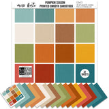 Pumpkin Season Cardstock, main product image, showing 12x12 printed smooth cardstock for scrapbook page bases, photo mats, card making, die cutting, titles, borders, and layered paper projects. Buyer theme: Cozy Autumn Printed Smooth Cardstock 12x12. Printed smooth cardstock in coordinating fall colors including teal, orange, cream, green, mustard, and warm harvest tones. Visible artwork includes pumpkins, hot drink mugs, pie slices, sweaters