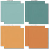 Pumpkin Season Cardstock, cardstock paper patterns 1 through 8 preview, showing 12x12 printed smooth cardstock for scrapbook page bases, photo mats, card making, die cutting, titles, borders, and layered paper projects. Buyer theme: Cozy Autumn Printed Smooth Cardstock 12x12. Printed smooth cardstock in coordinating fall colors including teal, orange, cream, green, mustard, and warm harvest tones. Visible artwork includes autumn leaves, acorns, berry sprigs, journaling cards