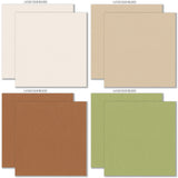 Pumpkin Season Cardstock, cardstock paper patterns 9 through 16 preview, showing 12x12 printed smooth cardstock for scrapbook page bases, photo mats, card making, die cutting, titles, borders, and layered paper projects. Buyer theme: Cozy Autumn Printed Smooth Cardstock 12x12. Printed smooth cardstock in coordinating fall colors including teal, orange, cream, green, mustard, and warm harvest tones. Visible artwork includes acorns, berry sprigs, journaling cards, cozy sentiments