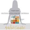 Pumpkin Season Cardstock, size guide image, showing 12x12 printed smooth cardstock for scrapbook page bases, photo mats, card making, die cutting, titles, borders, and layered paper projects. Buyer theme: Cozy Autumn Printed Smooth Cardstock 12x12. Printed smooth cardstock in coordinating fall colors including teal, orange, cream, green, mustard, and warm harvest tones. Visible artwork includes pie slices, sweaters, blankets, autumn leaves
